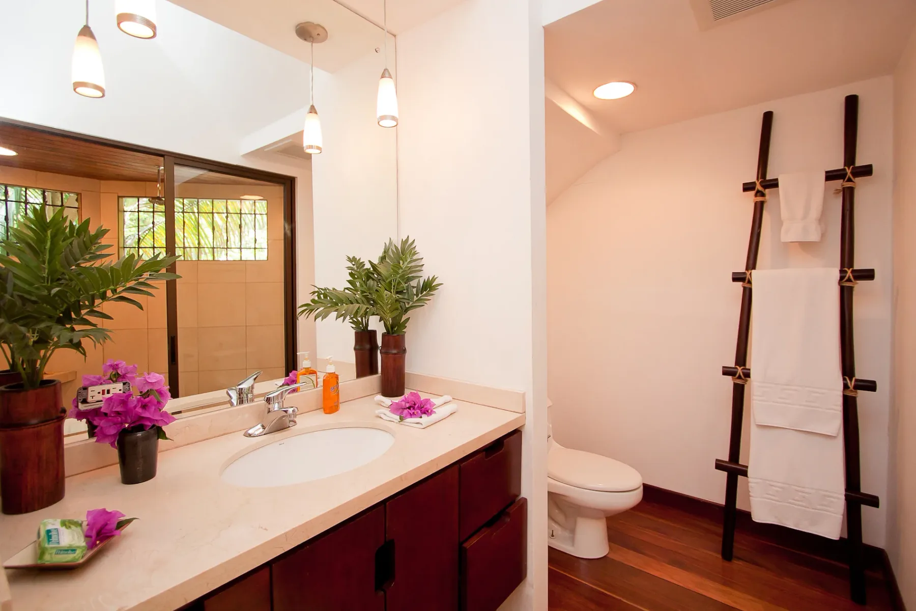 Bali Tree House · 28. A bathroom featuring a vanity with sink, mirror, toilet, and a shower enclosure visible in reflection, with dark wood accents and tropical plants.