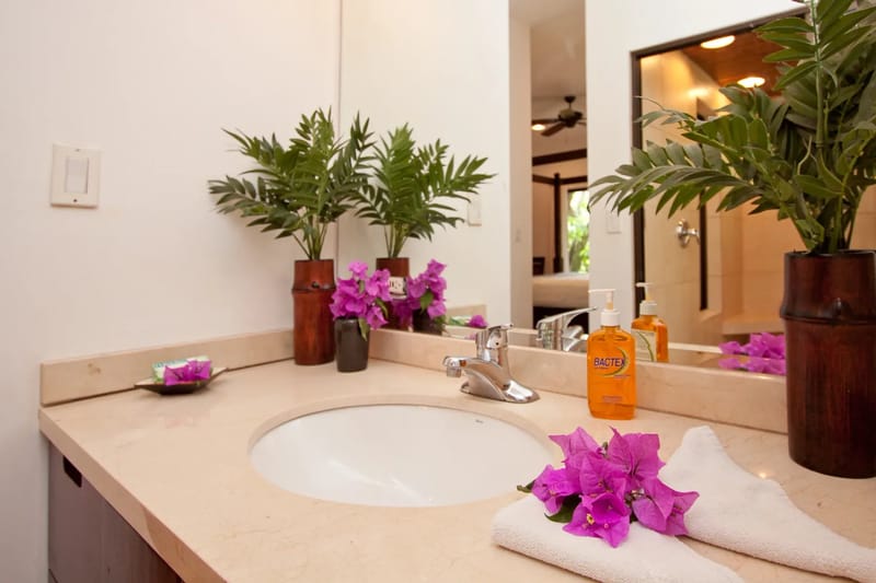 Bali Tree House · 25. A bathroom vanity features a single sink, chrome faucet, mirror, decorative plants, and towels. A bedroom is reflected in the mirror.