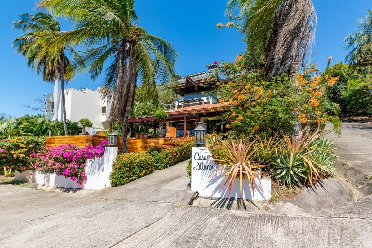 A tropical property entrance with flowering shrubs, palm trees, and a sloped driveway.