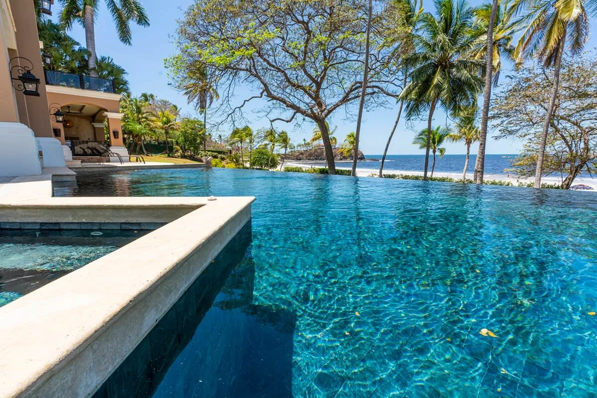 A swimming pool overlooks the ocean, with palm trees along the shore.