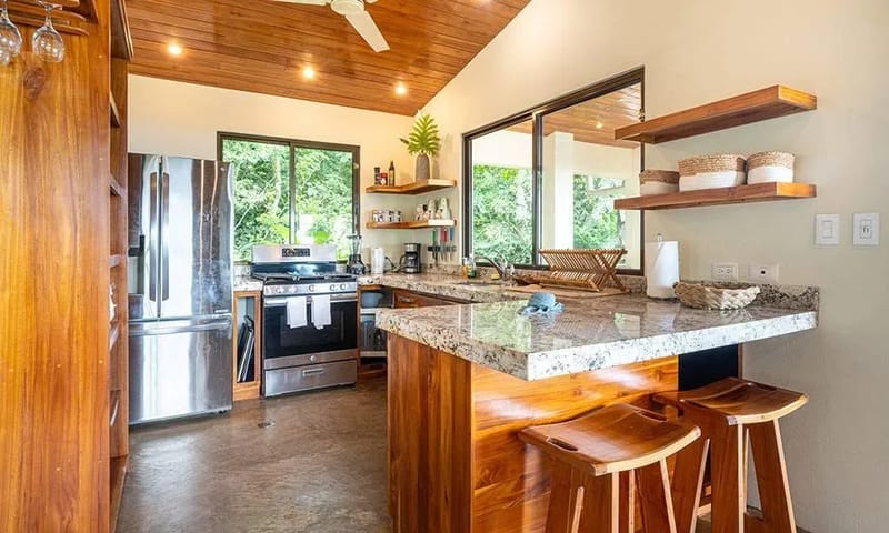 Casa Frenchie & Guest House · 30. An open kitchen features a vaulted wood ceiling, ample natural light through large windows, and a granite island with seating, creating a bright space connected to the jungle.