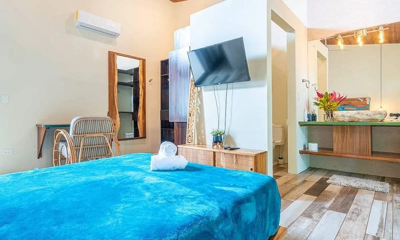 Casa Frenchie & Guest House · 10. This bright bedroom features vaulted ceilings, natural wood accents, and an integrated en-suite bathroom with a distinctive stone basin.