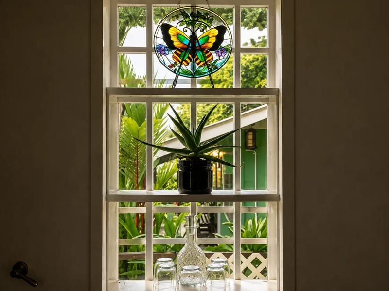 View from a vacation rental in Golfito through a window with a butterfly suncatcher.