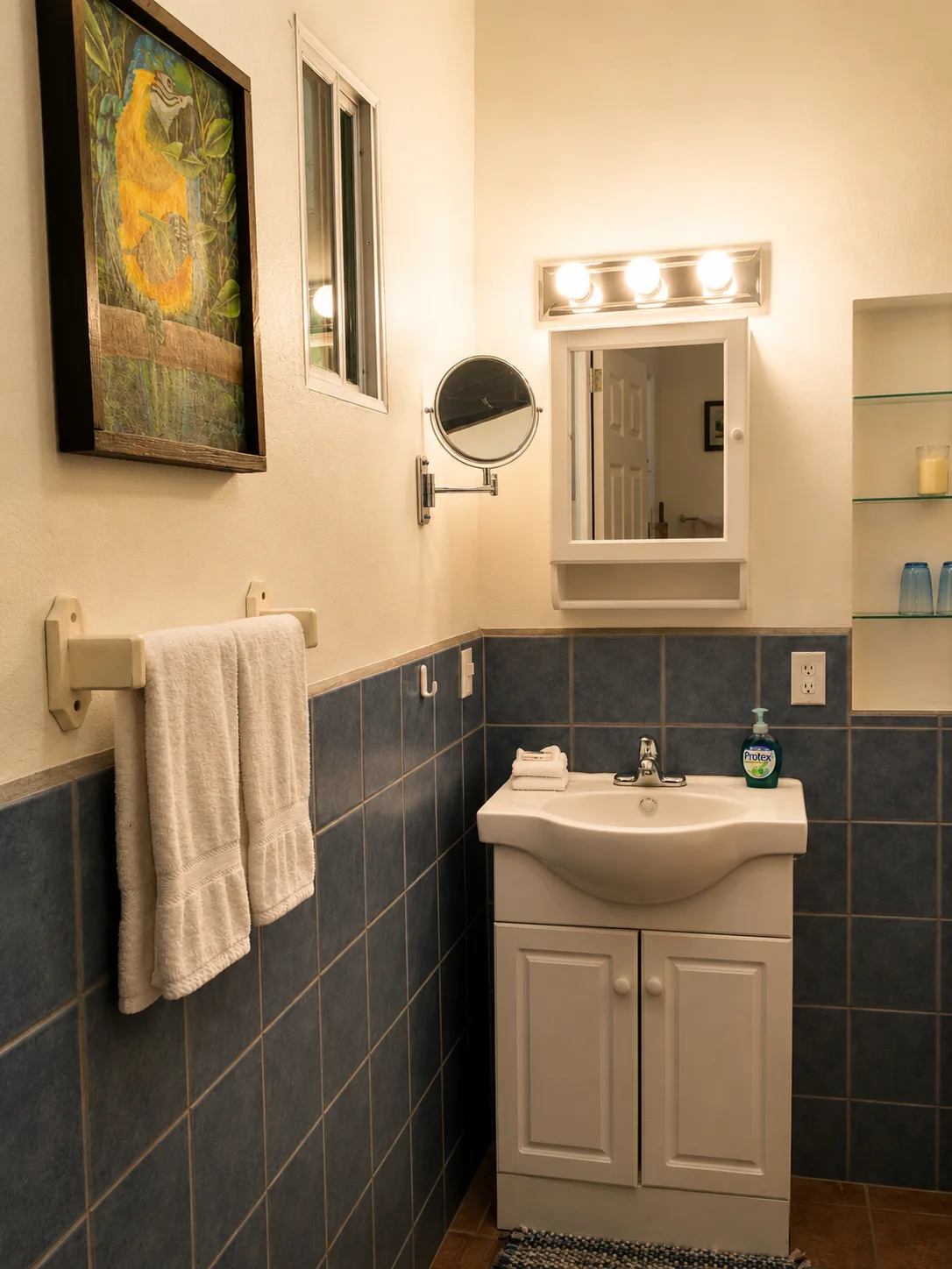 Baño en un alojamiento vacacional en Golfito con azulejos azules.
