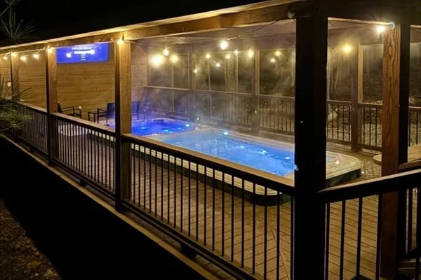 Swim spa gazebo at night