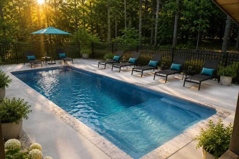 Piscina privada enterrada con plataforma para tomar el sol