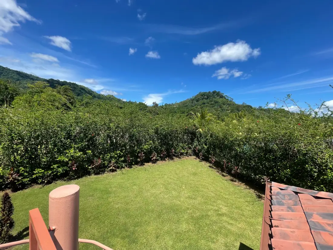 A grassy outdoor area bordered by shrubs, with hills beneath a blue sky.