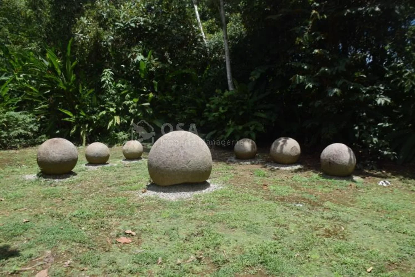 A grassy clearing with several large stone spheres set among dense greenery.