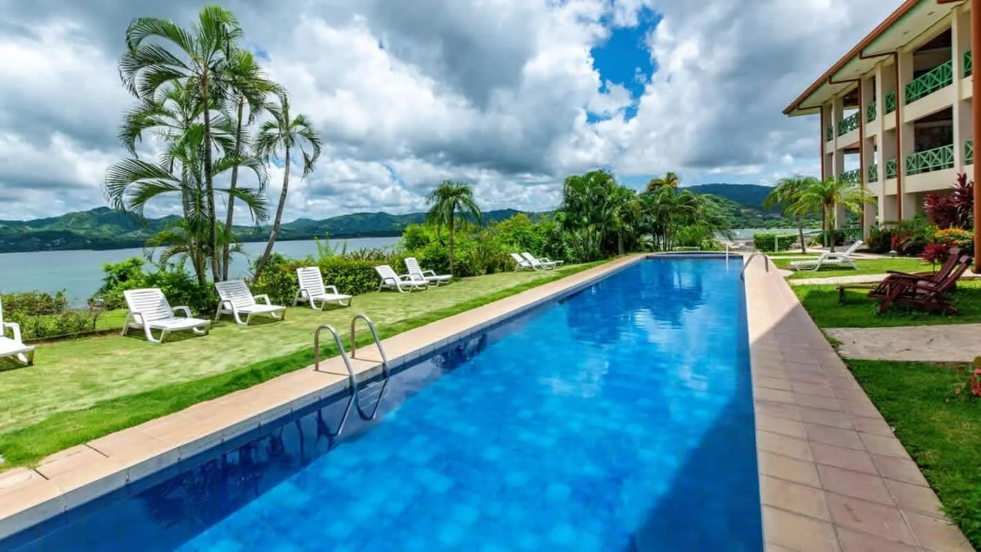 A long outdoor swimming pool sits beside a landscaped lawn overlooking the water.