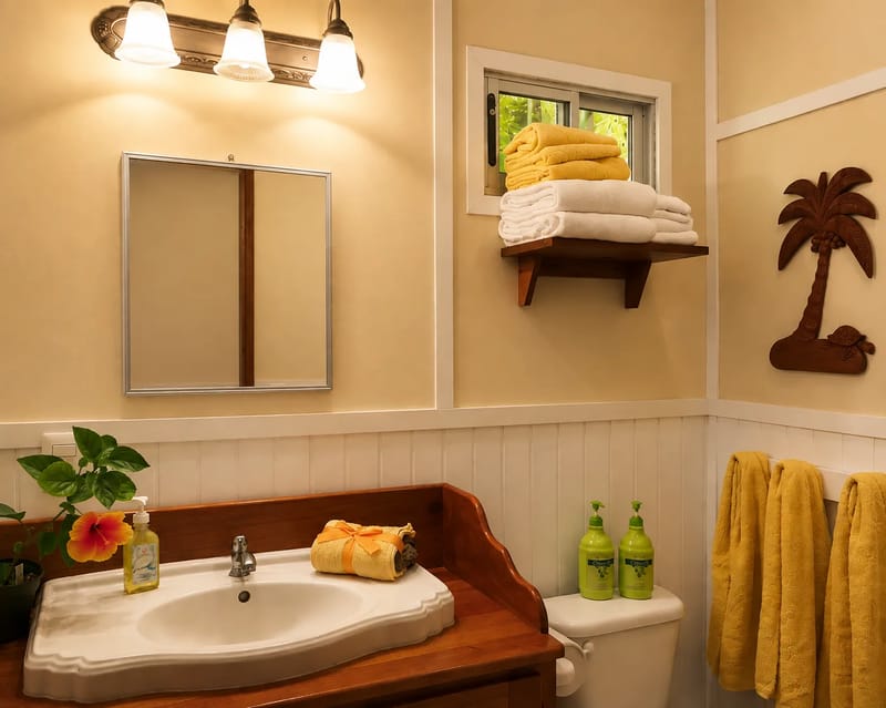 Baño en un alojamiento vacacional en Golfito con decoración de palmeras