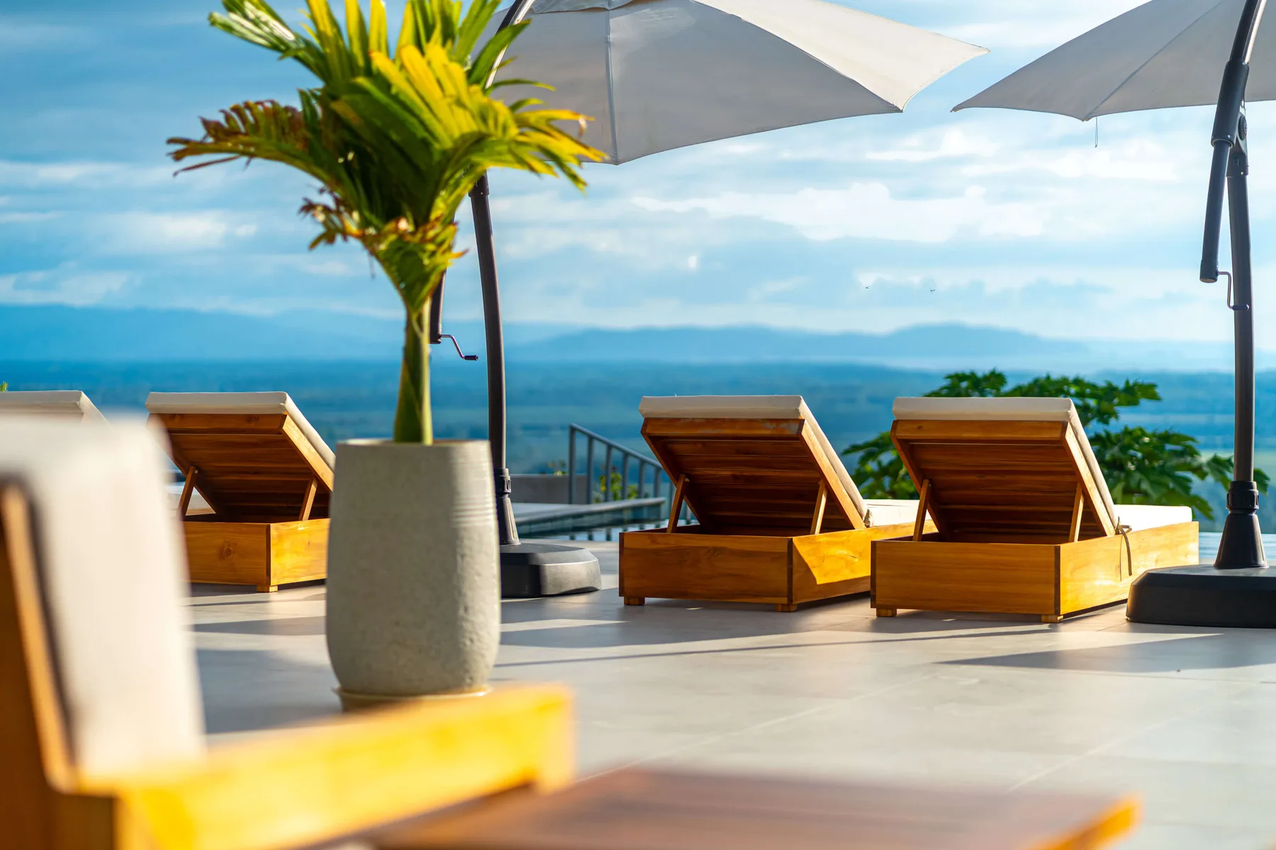 Una terraza soleada al aire libre tiene tumbonas de madera, sombrillas y vistas al agua.