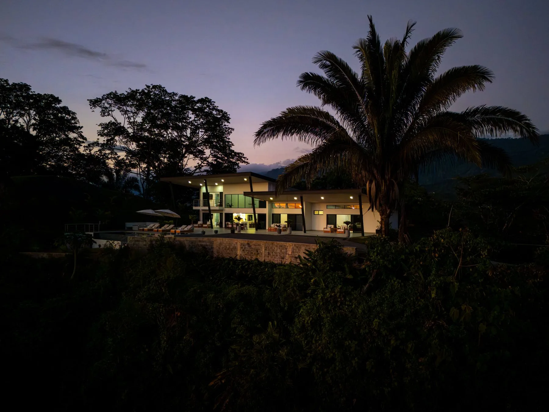 Un edificio moderno iluminado al anochecer entre árboles y una palmera alta.
