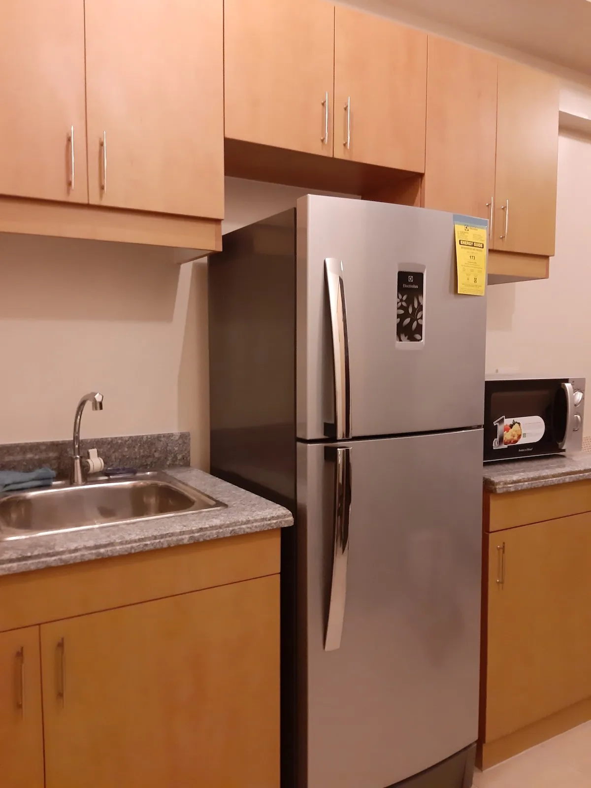 Cocina con armarios de madera, refrigerador y fregadero.
