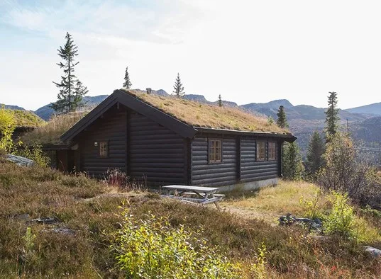 Una cabaña de troncos se encuentra en un paisaje montañoso abierto, con árboles y colinas al fondo.