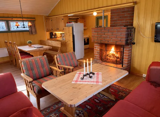 Una sala-comedor con paneles de madera y una chimenea encendida.