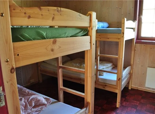 Una litera de madera ocupa un dormitorio pequeño con paredes revestidas de madera.