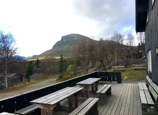 Una terraza exterior de madera con mesas de picnic tiene vistas a una montaña y una ladera arbolada.