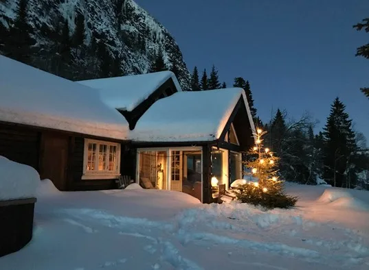 A snow-covered cabin glows warmly beside a lit outdoor tree at dusk.