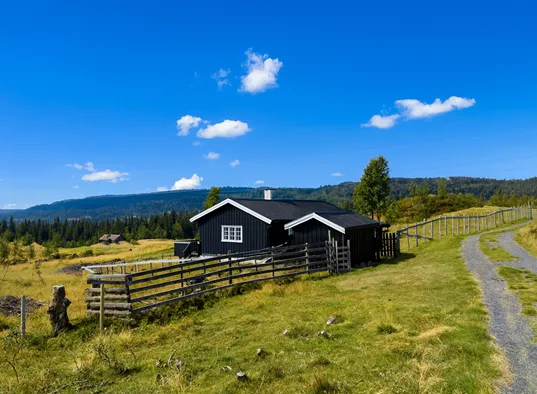 A dark cabin stands beside a grassy field and fenced gravel path under a blue sky.