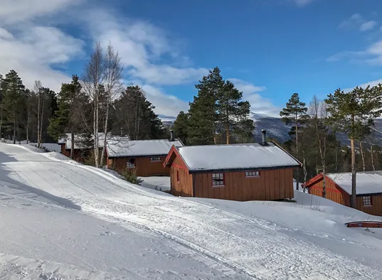Cabañas de madera junto a una pendiente cubierta de nieve y árboles.