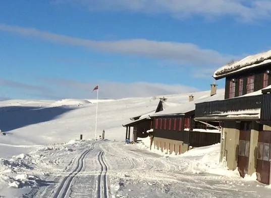 Edificios cubiertos de nieve junto a un par de huellas en un paisaje invernal.