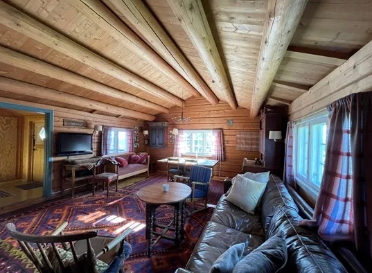 A wood-paneled living room with seating, a television, and large windows.