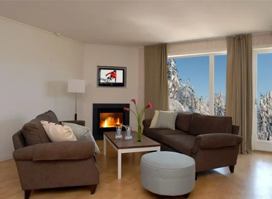 A living room with brown seating, a fireplace, and a large window.