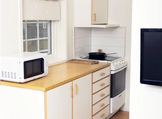 A compact kitchen has a countertop microwave, stove, and wooden work surface.