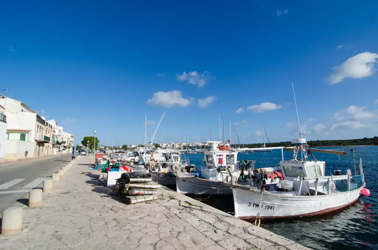 A harbor promenade runs alongside moored boats under a clear blue sky.