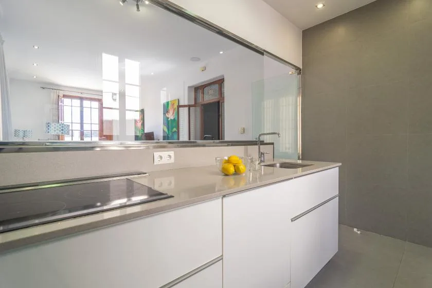 Una cocina moderna con una encimera larga, una placa de cocina y un salpicadero reflectante.