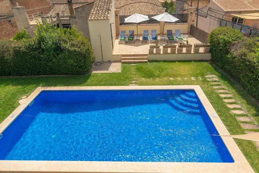 Una piscina azul ocupa el primer plano, con césped y un patio detrás.