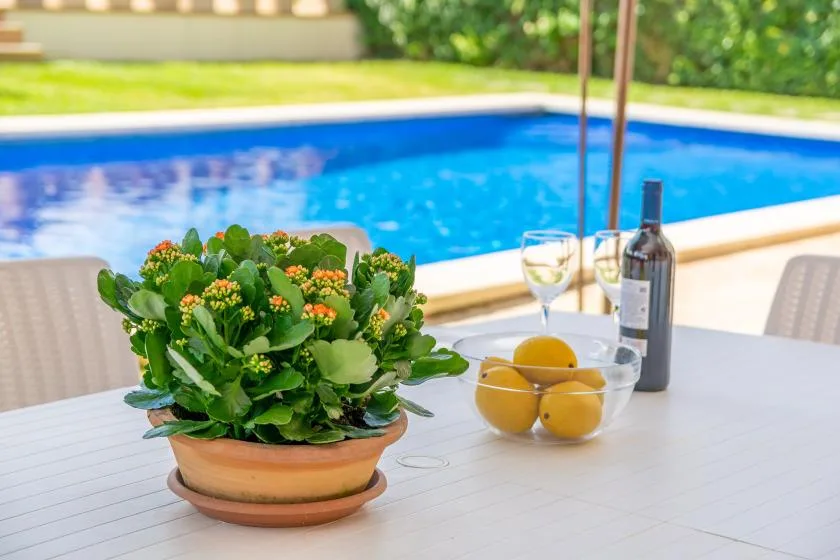 Una mesa junto a la piscina tiene una planta con flores, fruta, vino y copas.
