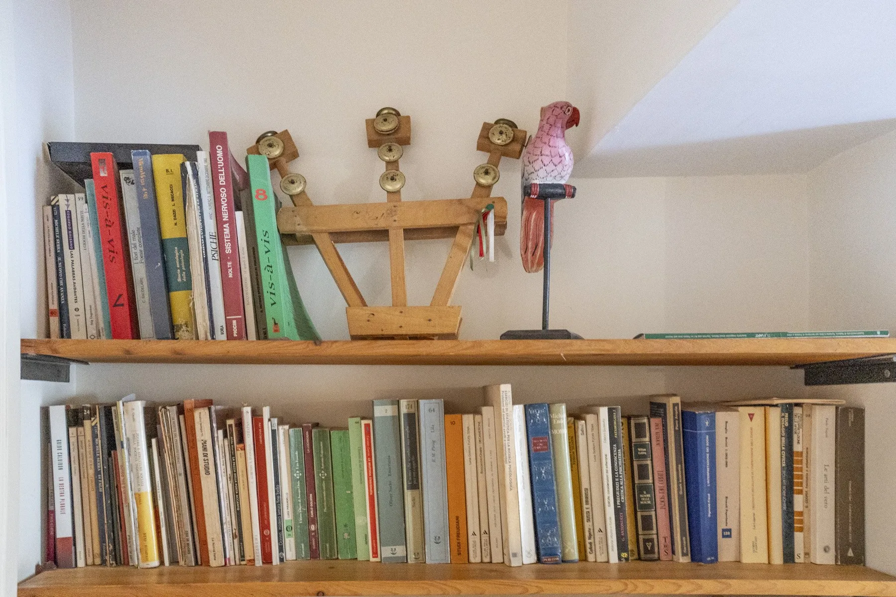 Books and small decorative objects line wooden shelves against a white wall.
