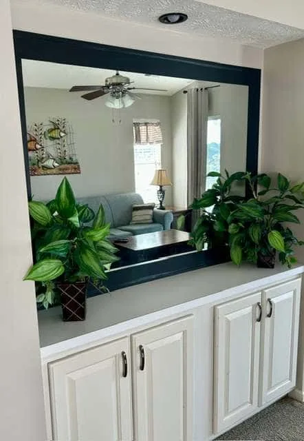 A large wall mirror above white cabinets reflects a living room with plants and seating.