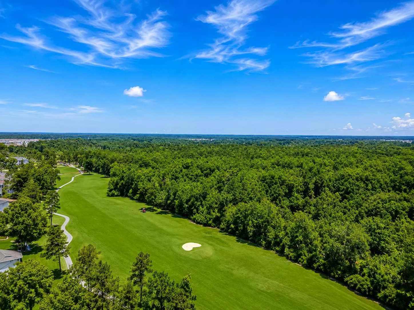An aerial view of a green golf course bordered by dense trees.