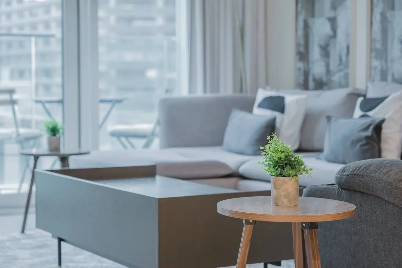 Una sala luminosa cuenta con un sofá seccional, una mesa de centro y una planta en maceta.