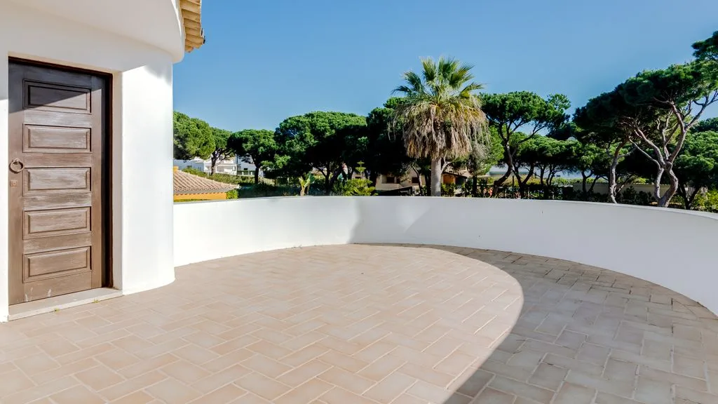 A sunlit outdoor terrace with a curved tiled patio and trees beyond.