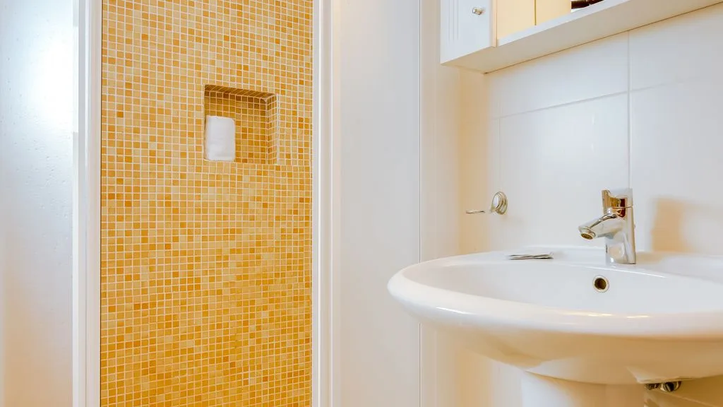 A bathroom with a white sink beside a tiled shower area.