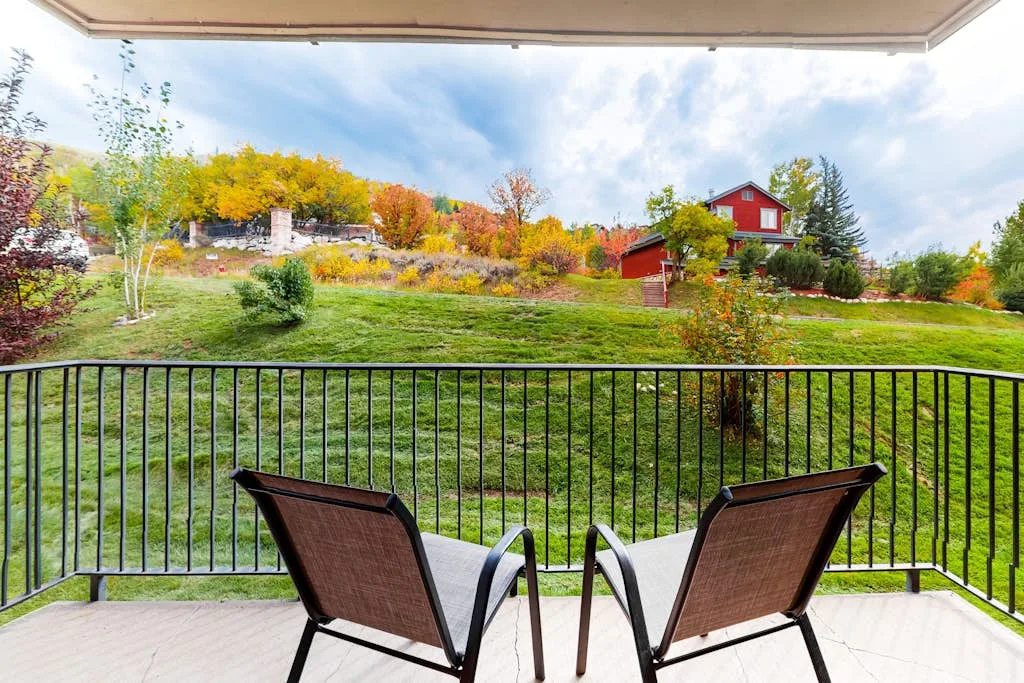 A patio with two chairs overlooks a grassy yard and autumn trees.