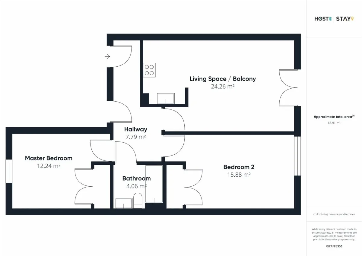 Floor plan showing a living space, balcony, hallway, bathroom, and two bedrooms.