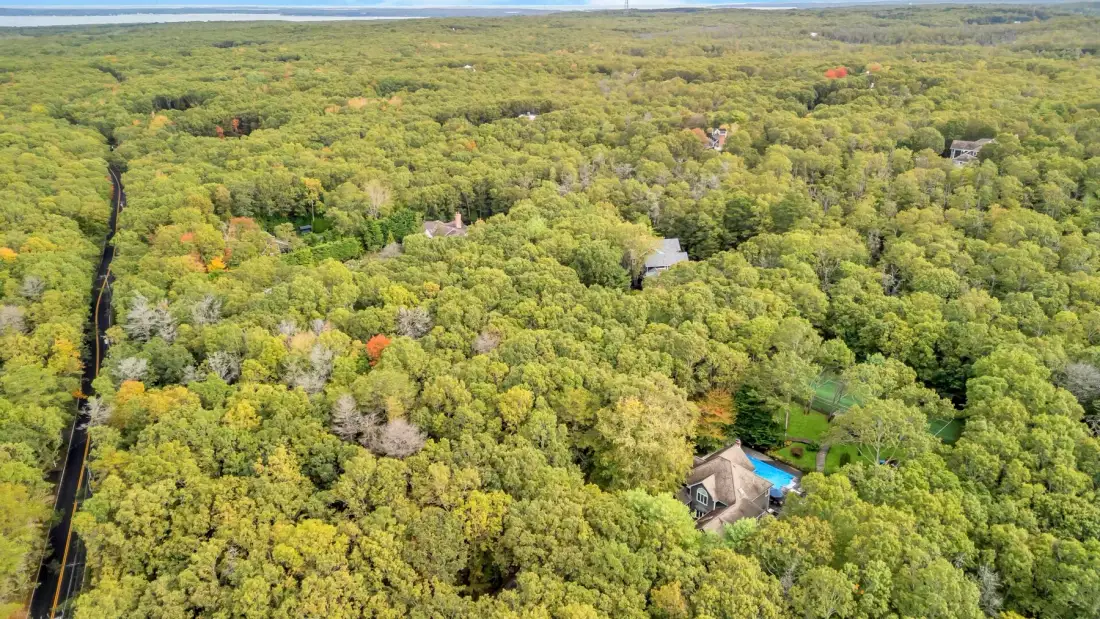 Vista aérea de un paisaje boscoso con una casa y una piscina.