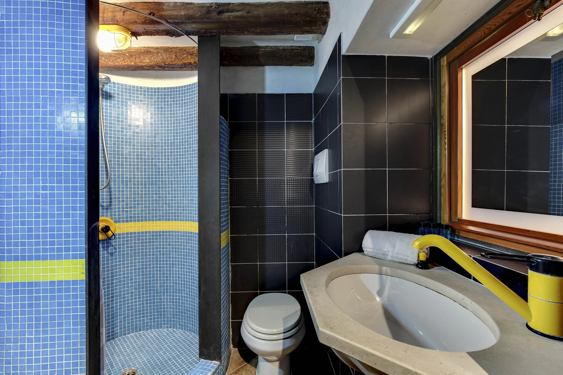Un baño alicatado con una ducha curva, un inodoro y una bañera ovalada.