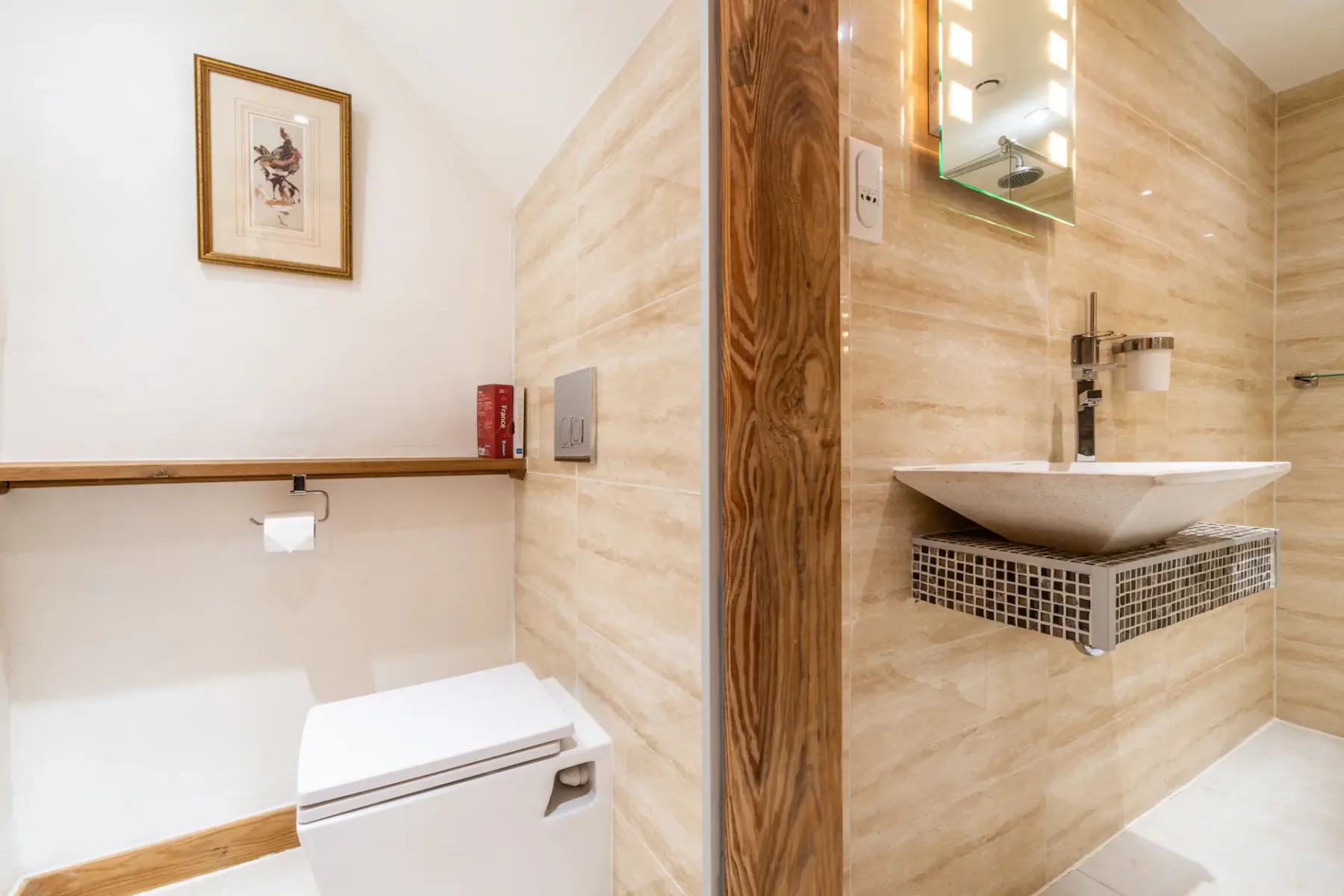 A bathroom with a toilet beside a washbasin and mirror.