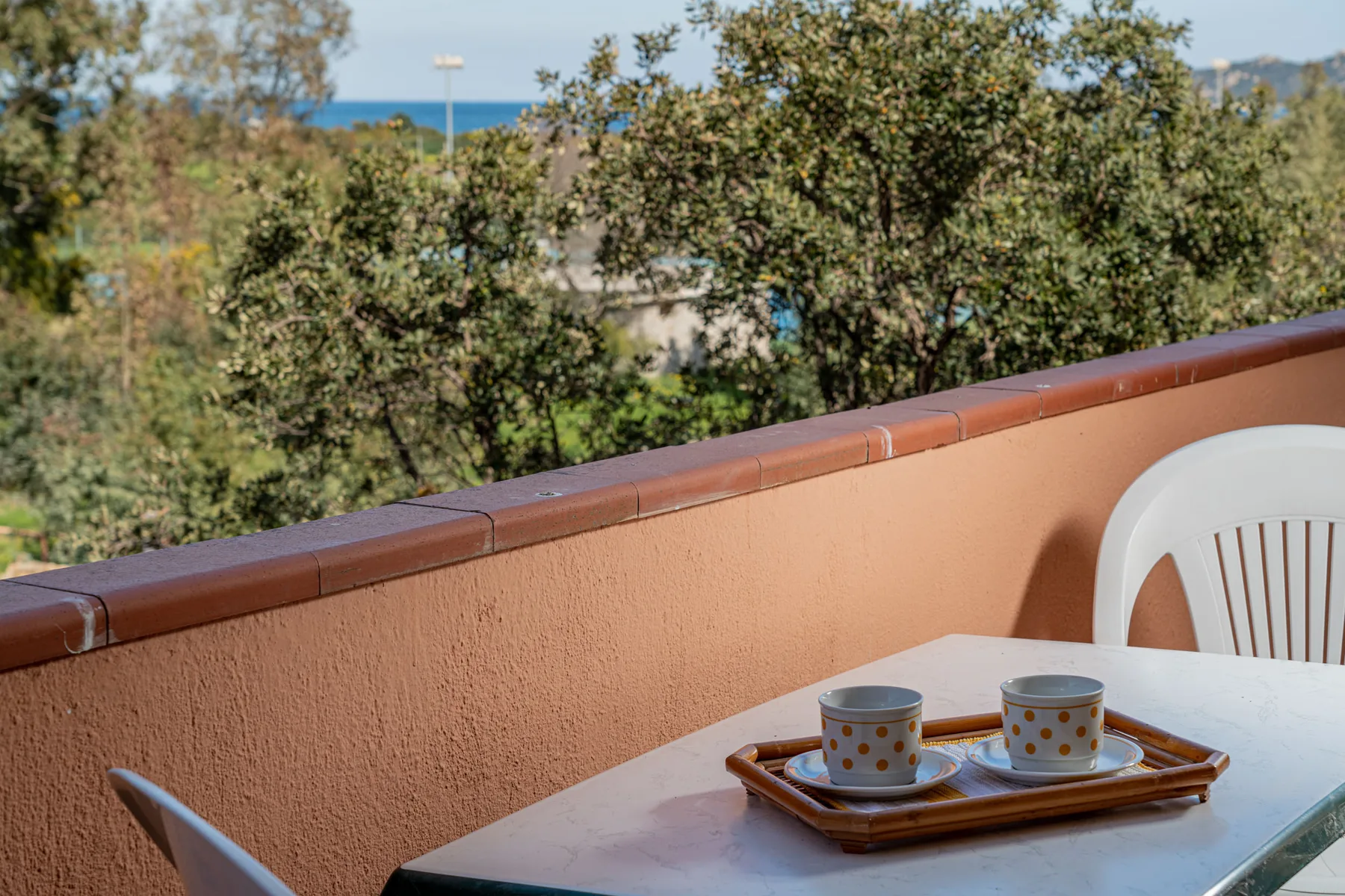 A patio table with two cups overlooks trees and a distant strip of sea.