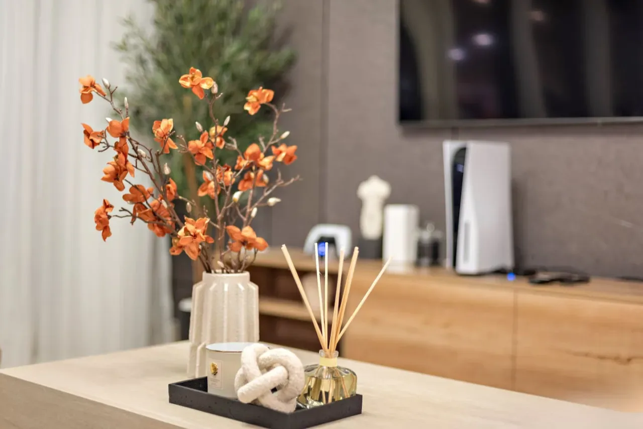 Una consola de sala sostiene un televisor y objetos decorativos.