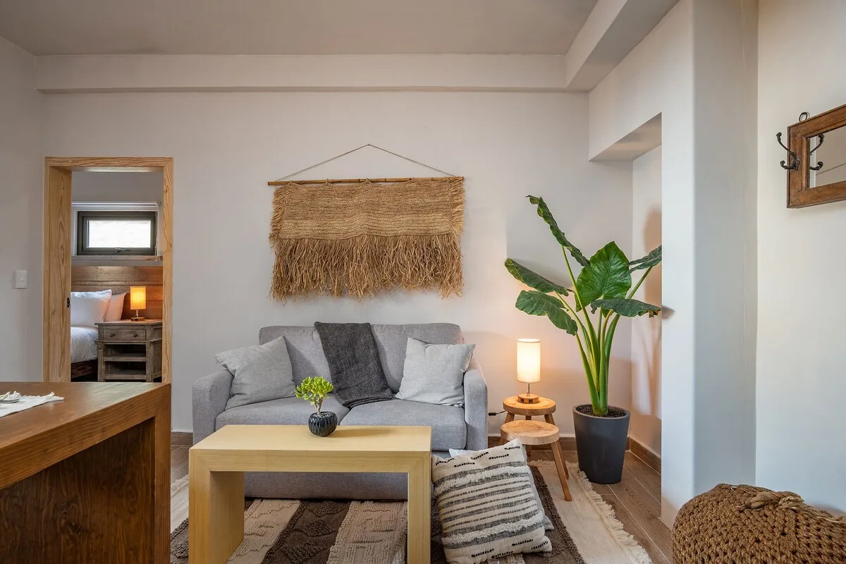 A living room with a gray sofa, coffee table, and potted plant.