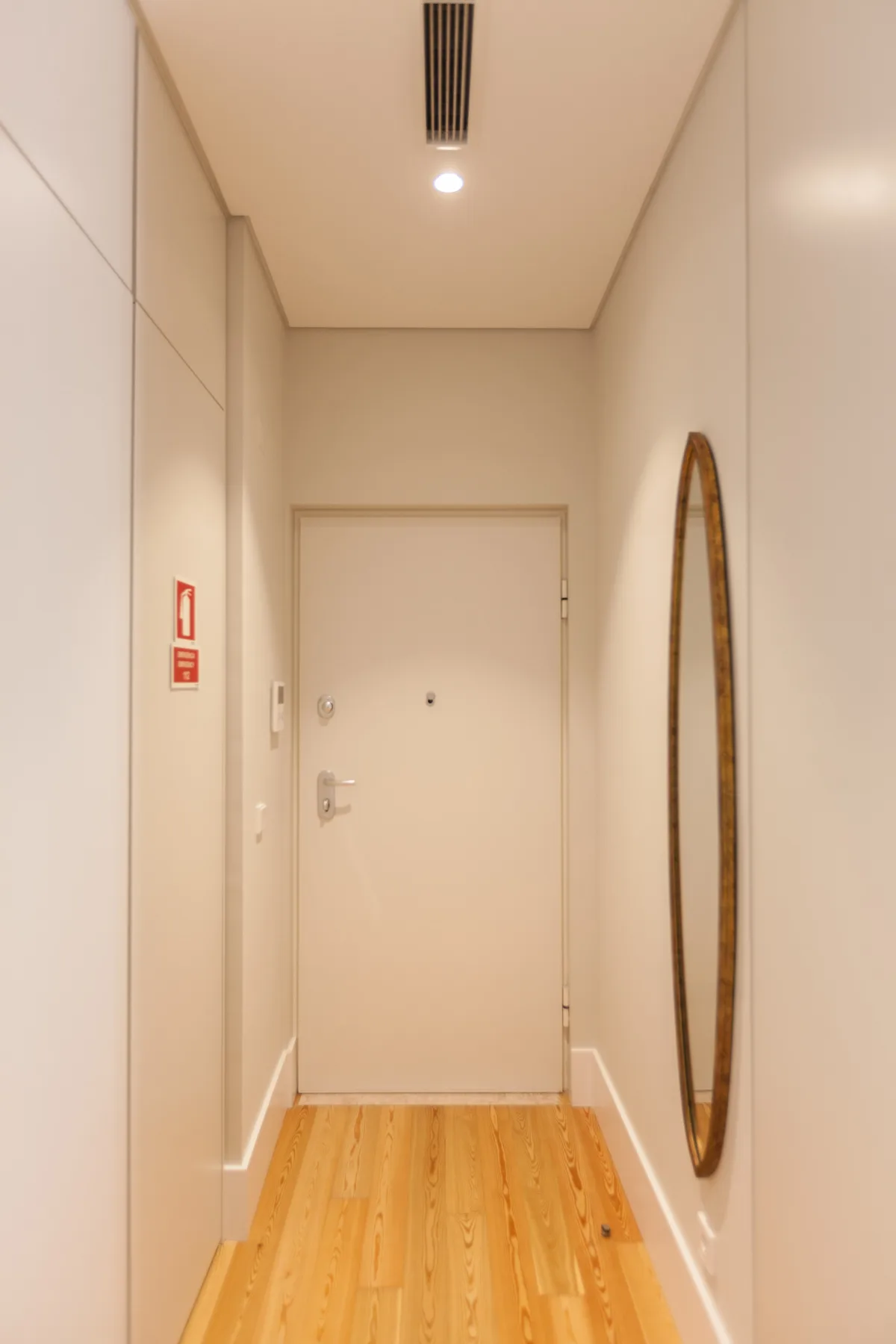 An apartment entry hallway with a closed door and wood flooring.