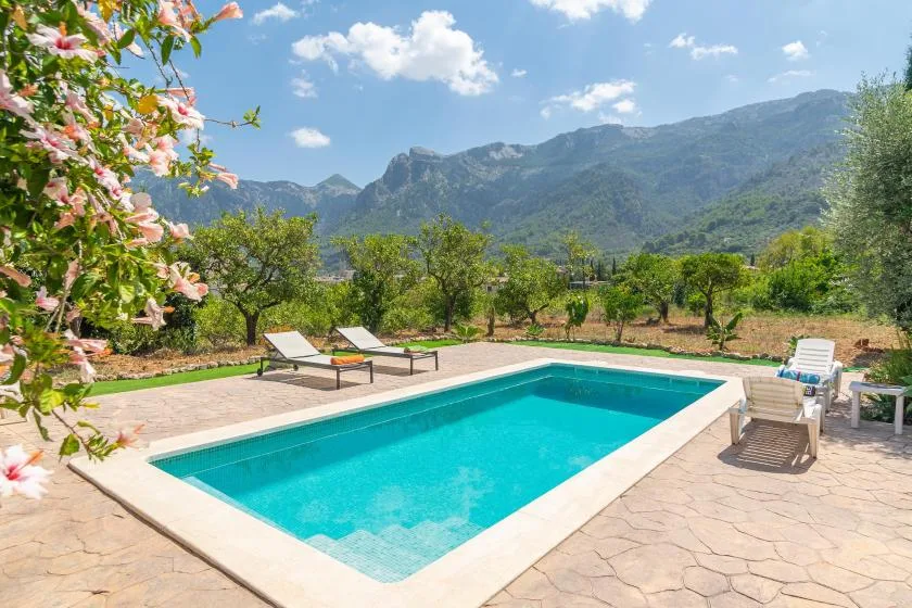 An outdoor swimming pool with lounge seating, trees, and mountains in the background.