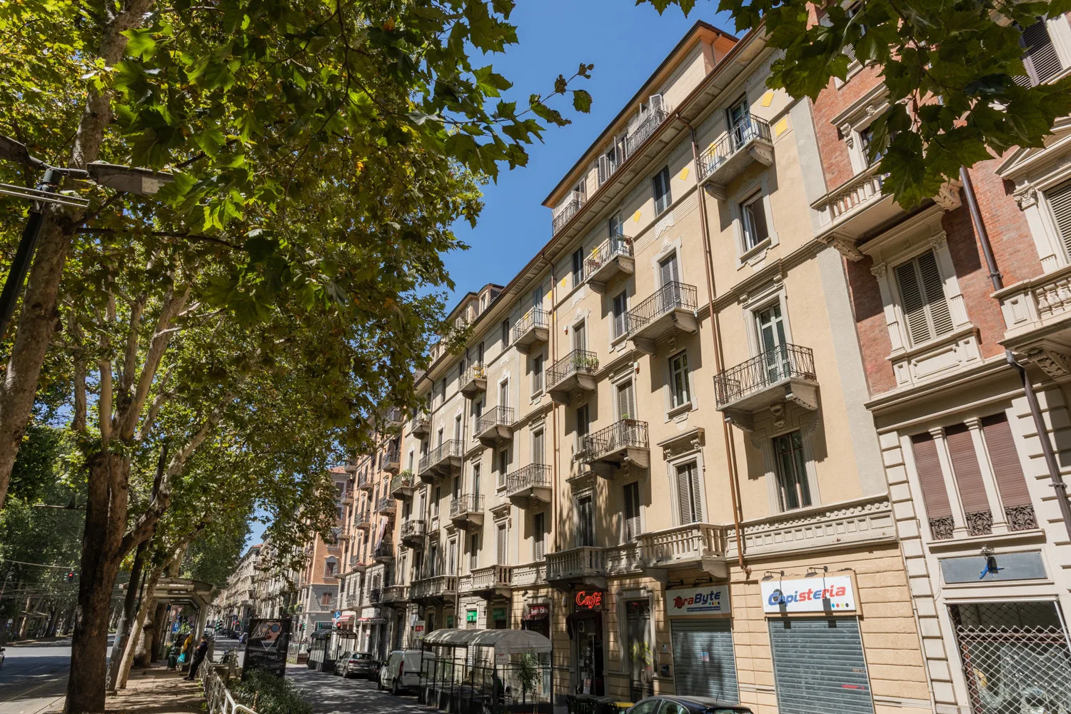 A tree-lined city street with apartment buildings and storefronts.