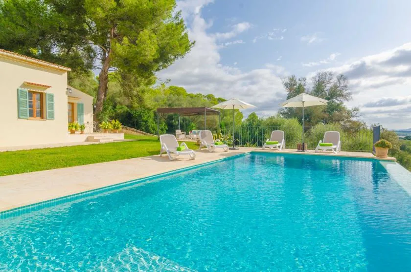 An outdoor swimming pool beside a light-colored house, with lounge seating and greenery.